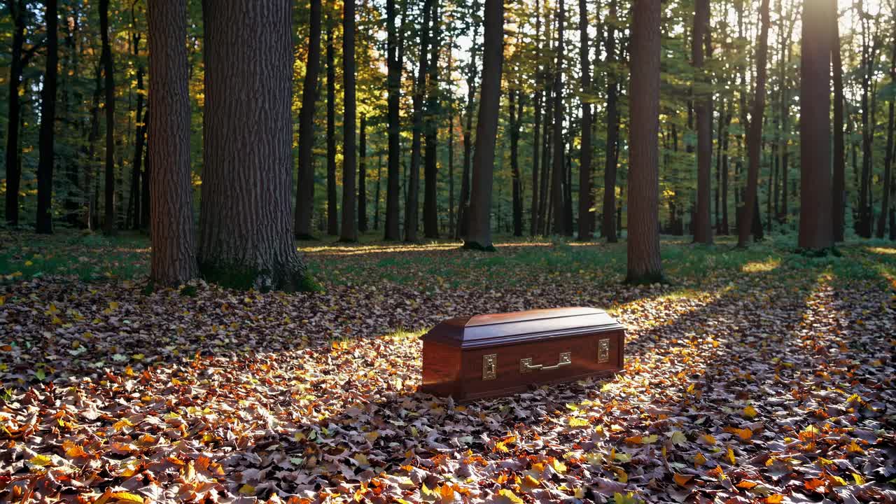 A cinematic video scene with a low-angle shot of a wooden coffin in a sunlit forest
