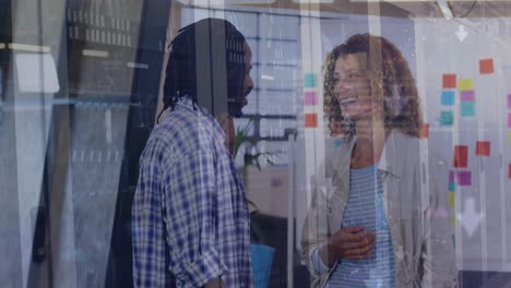 animation of financial data processing over diverse business people in office