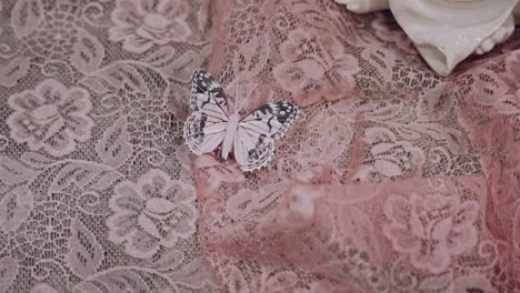 delicate butterfly on pink lace fabric, elegant and detailed texture