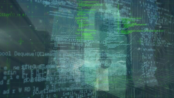 Animation of multiple screens with data processing and security padlock icon against tall buildings