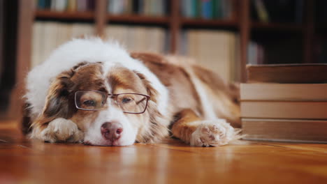 Lustiger-Studentischer-Hund-Liegt-Auf-Dem-Boden-Der-Bibliothek-05