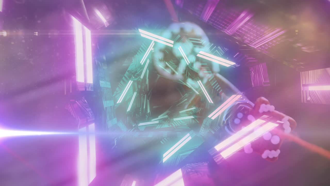 Neon prism emerging at center, rotating, morphing beams opening corridor while camera moving ahead