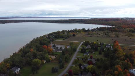 wide aerial shot of coastal land in the fall