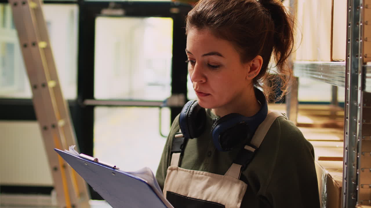 Female worker checking inventory in a warehouse