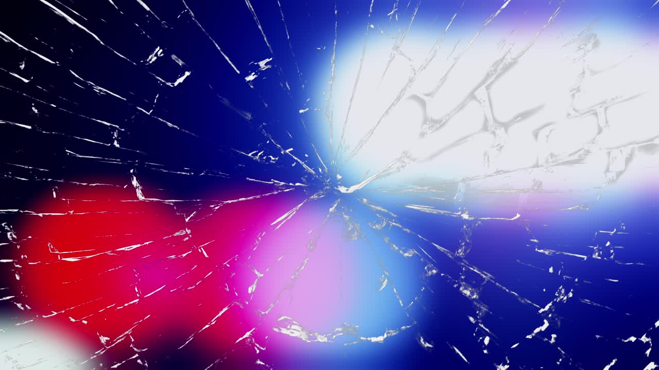 Police and emergency lights flash behind shattered glass. Crime scene, accident, or violence concept with red, blue, and white lights