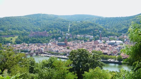 Heidelberg-cityscape-with-river-and-castle-during-summer,-germany