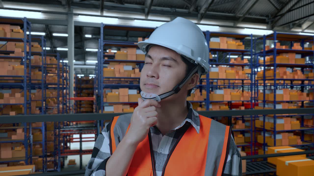 안전 헬을 입은 아시아 남성 엔지니어가 배달품으로 가득 찬 선반을 가진 창고에 서서 무언가에 대해 생각하고 주위를 둘러보며 지표손가락을 들어 올립니다.