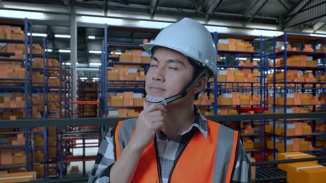primer plano de un ingeniero masculino asiático con casco de seguridad de pie en el almacén con estantes llenos de productos de entrega. pensando en algo y mirando a su alrededor y luego levantando su dedo índice