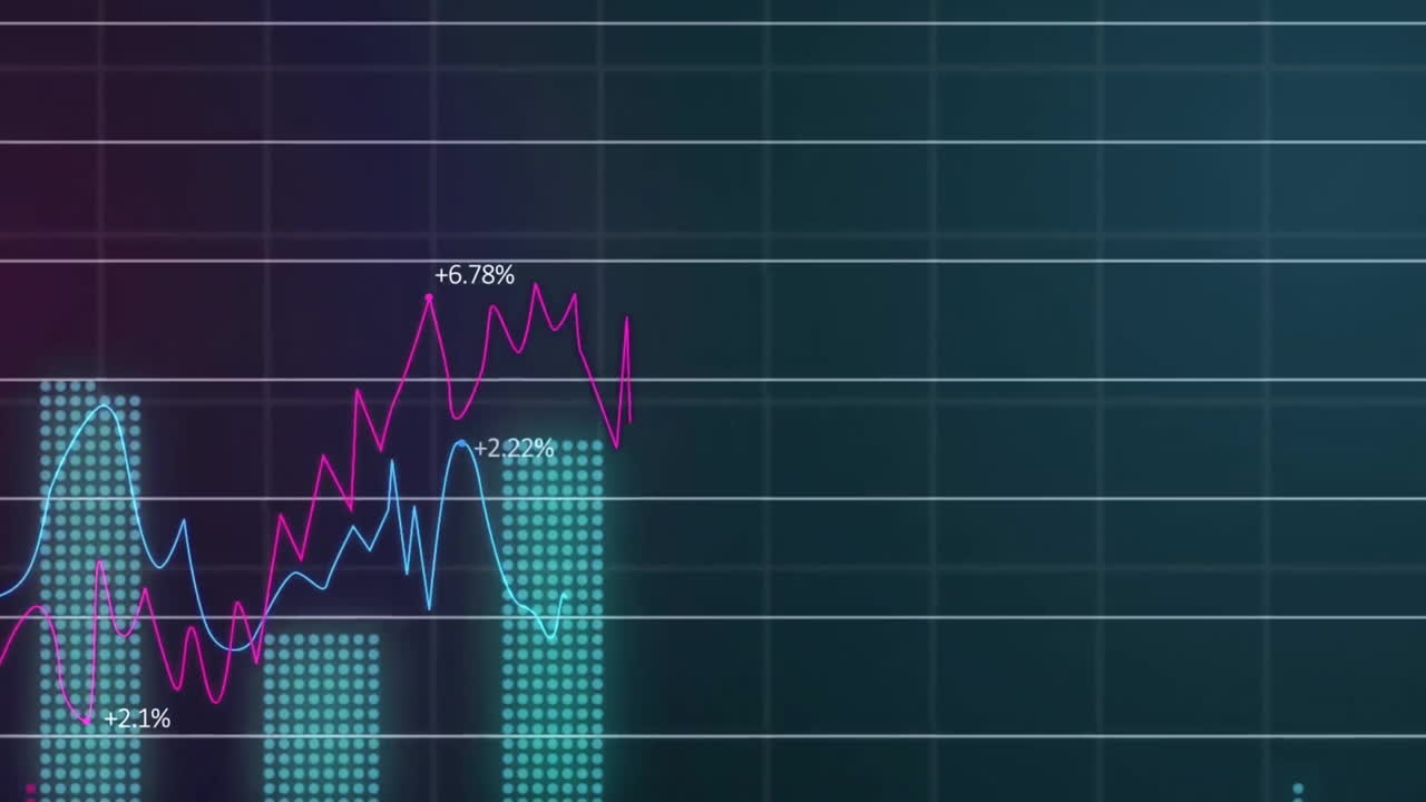 animación del procesamiento de datos financieros sobre una cuadrícula sobre un fondo oscuro