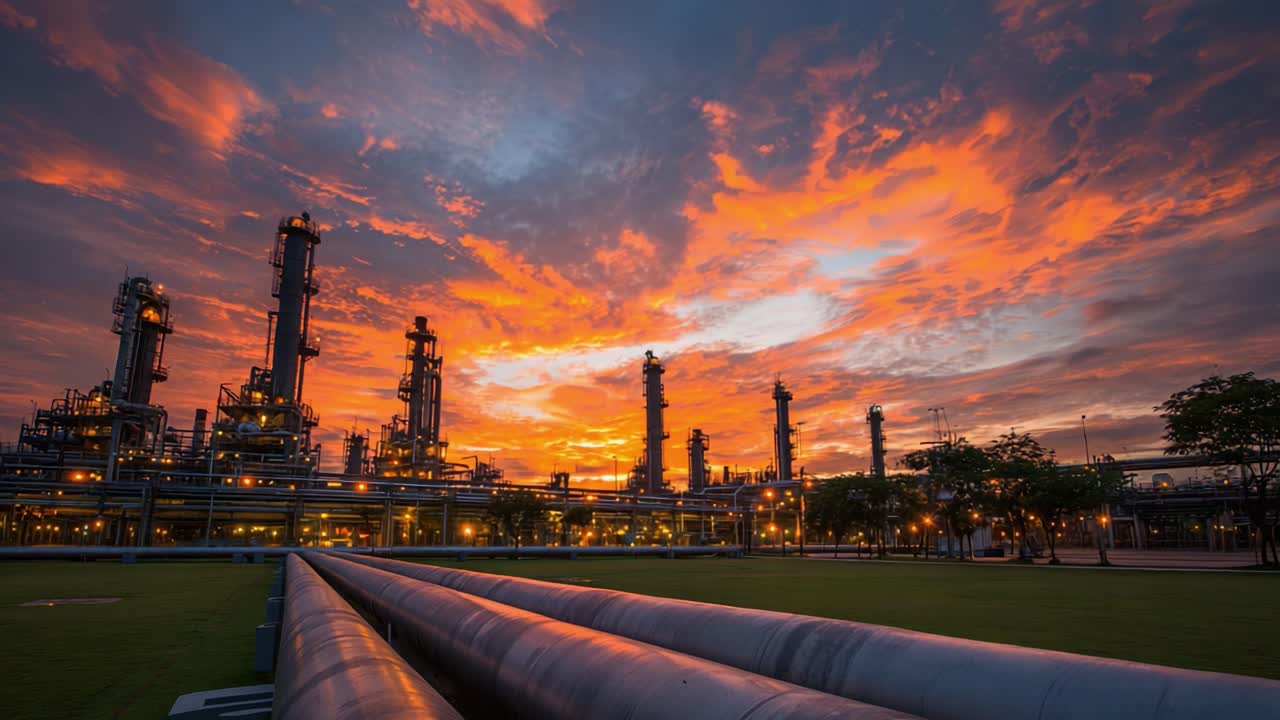 Stunning Sunset over Industrial Complex: A Beautiful Evening Scene Highlighting the Machinery and Pipelines Against a Vibrant Sky