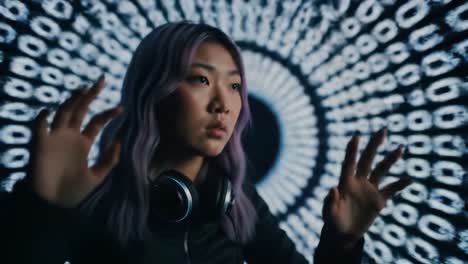a young woman with purple hair stands engaged in a digital world, surrounded by an intricate pattern of moving lights and shapes that create an immersive visual experience