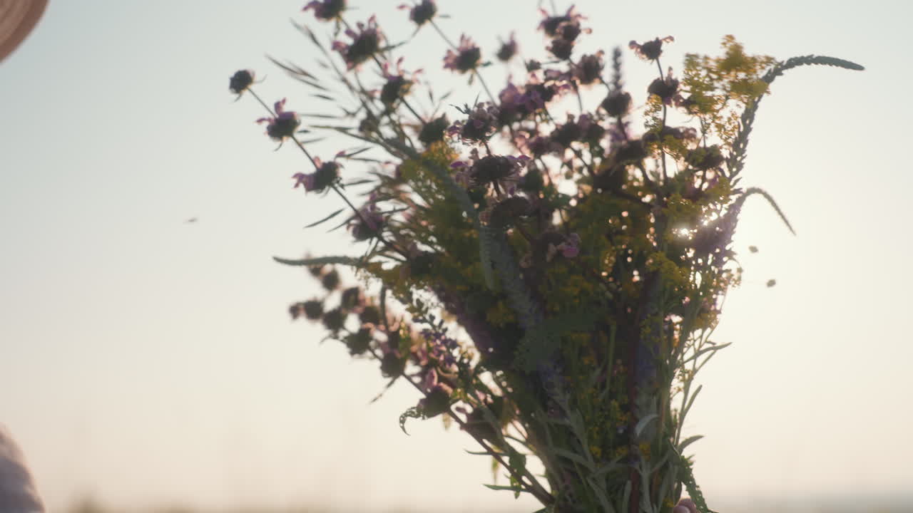 close up of wildflower bouquet held in hand turning slowly against bright sky as sunlight filters through vibrant yellow purple and green petals creating radiant peaceful natural moment