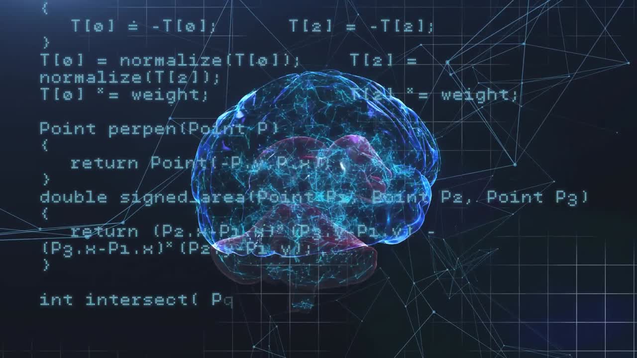 Animation of glowing human brain with digital interface data processing