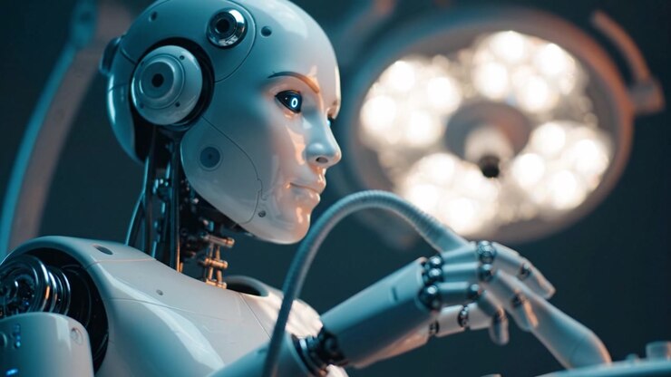 Robot chirurgico futuristico che integra tecnologia avanzata e precisione nelle procedure mediche, evidenziando innovazione e trasformazione nelle soluzioni sanitarie.