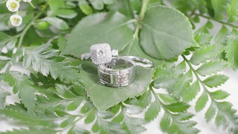 camera rotating around diamond wedding rings sitting on green leaves and flowers in slow motion