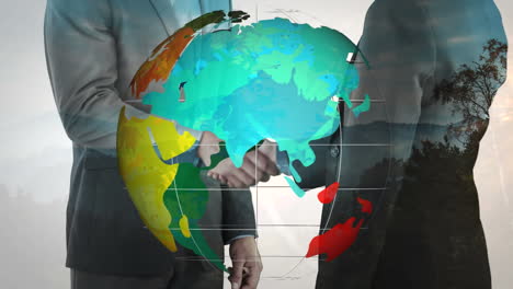 animation of globe over businessman handshake