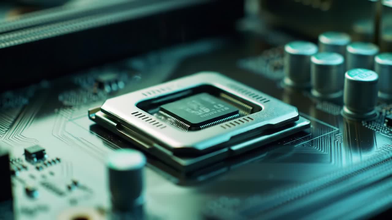 A Close-up Exploration of the Intricate Details of a Motherboard and Its Chip, Capturing the Transformation from Bare Circuitry to Sparkling Electronic Components