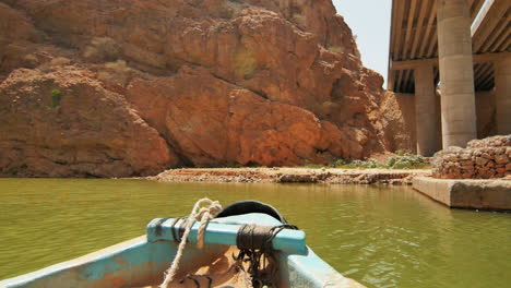 boat sailing through canyon lined with palm trees and towering red cliffs