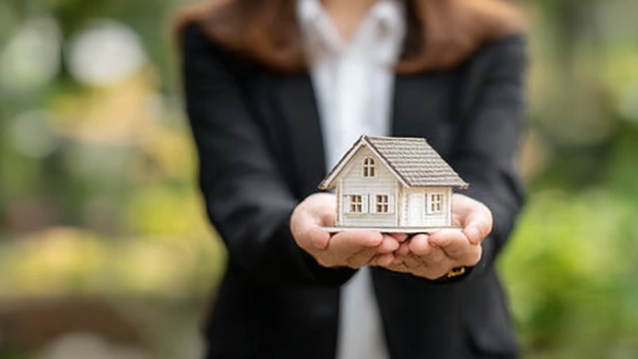 Un Professionista che Regge un Modellino di Casa, a Simbolo di Investimento Immobiliare, Proprietà della Casa e Mercato Immobiliare in un Rigoglioso Contesto Esterno