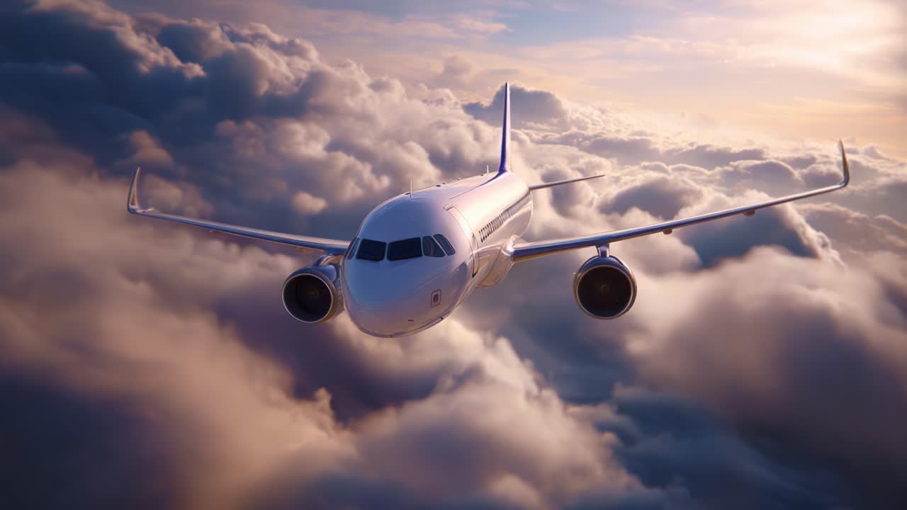 Un aereo moderno che si libra con eleganza sopra un mare di nuvole durante un tramonto mozzafiato, mettendo in mostra la sua ingegneria e il suo design nel cielo aperto.