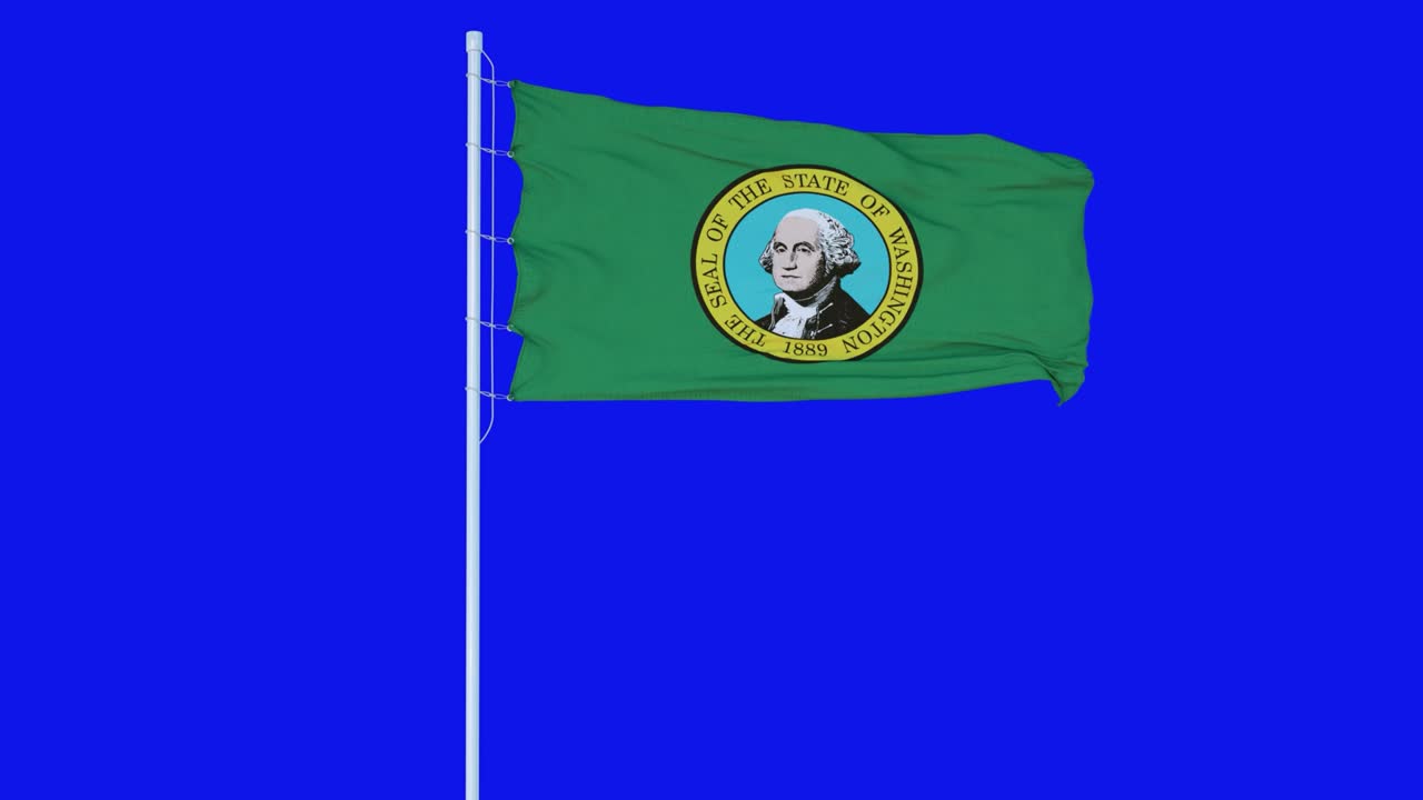 la bandera del estado de washington de los estados unidos ondeando en el viento en la pantalla azul o el fondo de la tecla de croma