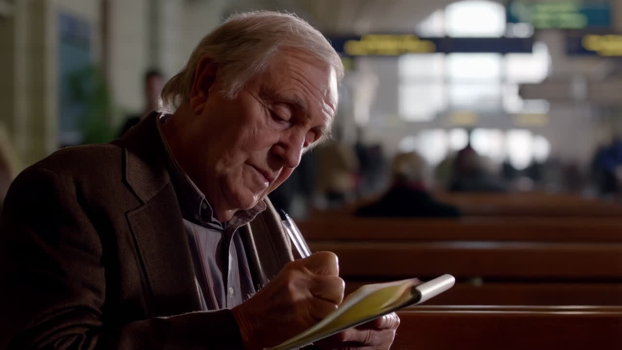 Man writing in notebook at airport