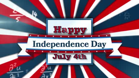 mathematical equations and confetti over independence day text banner against radial background