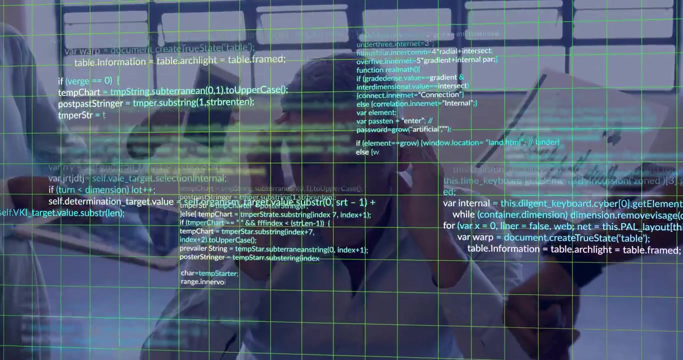 Man receiving smartphone analyzing business chart and tapping screen while code grid intensifying