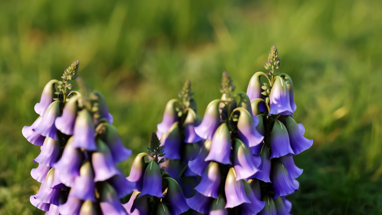 Nærbilde av lilla klokkeformede villblomster samlet i grønt gress, med en mykt uskarp engbakgrunn og naturlig dagslys.