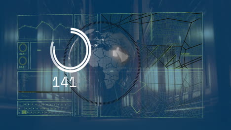 digital interface displaying world map, graphs, and data processing animation