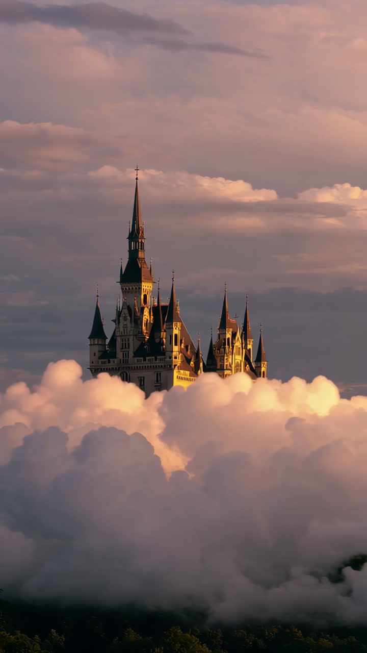 Majestic Castle Rising Above the Clouds at Sunset