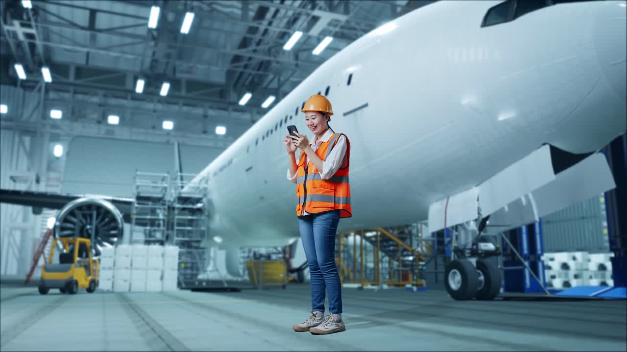 mujer ingeniera usando un teléfono inteligente en el hangar de un avión
