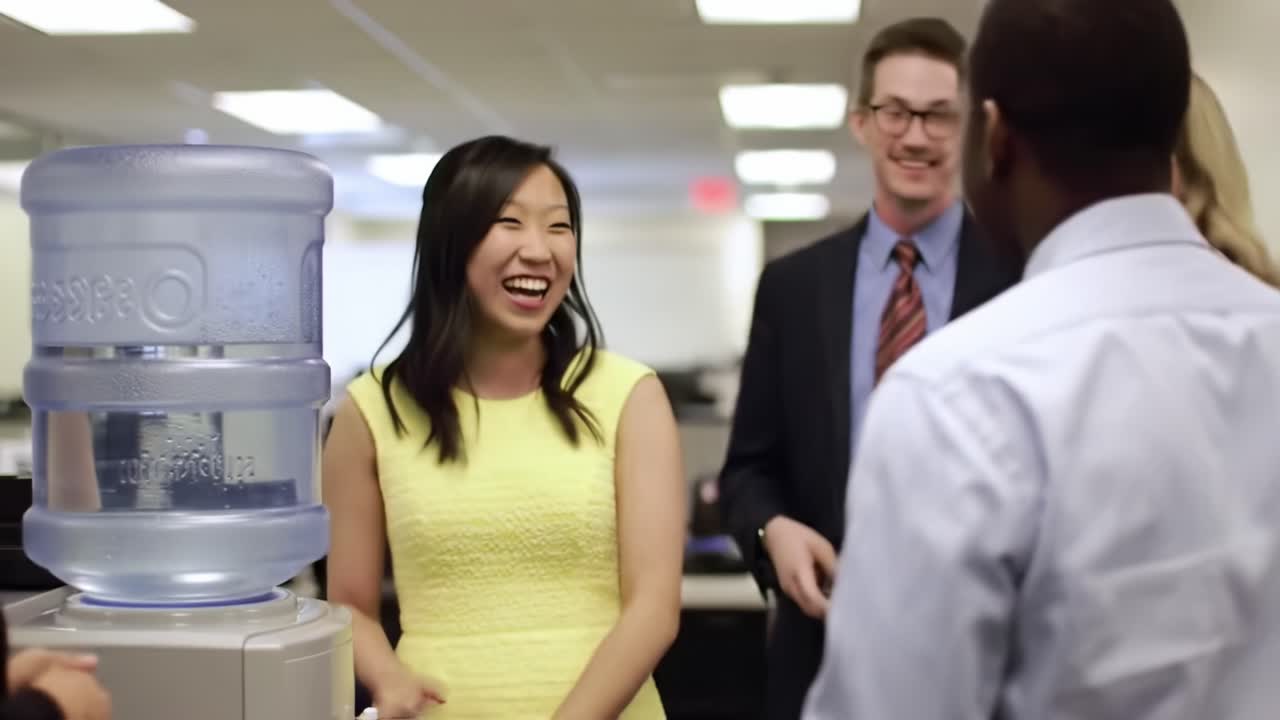 A Joyful Office Interaction Around the Water Cooler: Colleagues Engaging in Lively Conversation and Shared Laughter at Work