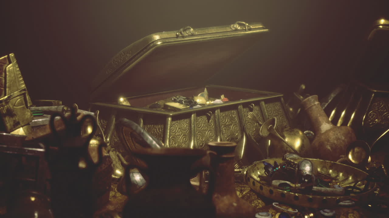 Ancient artifacts and gold in a dimly lit treasure chest