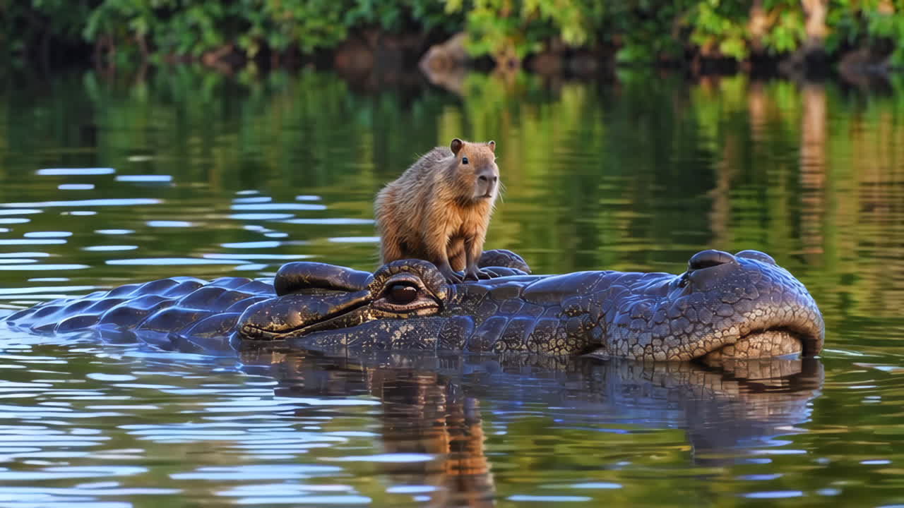 Capibara op de kop van een krokodil