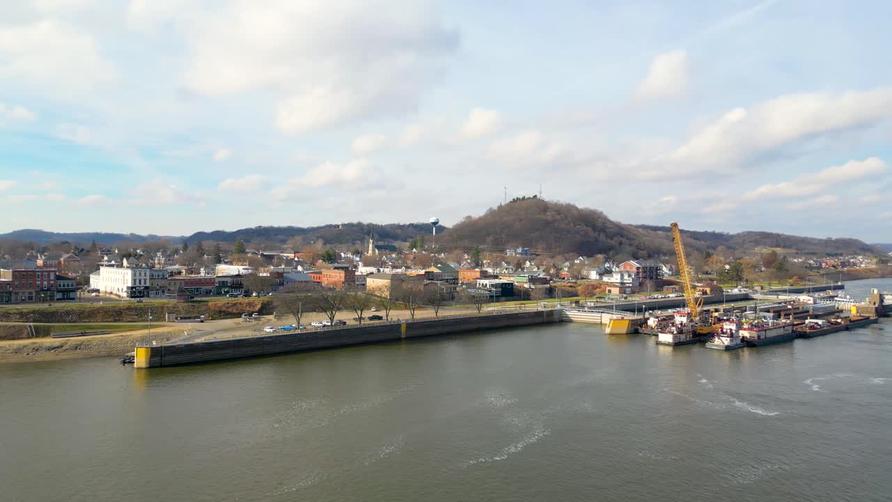 Drone footage in Autumn of Lock and Dam 12 is near Bellevue, Iowa