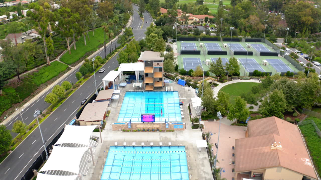 Aerial View of a Suburban Aquatic and Sports Complex