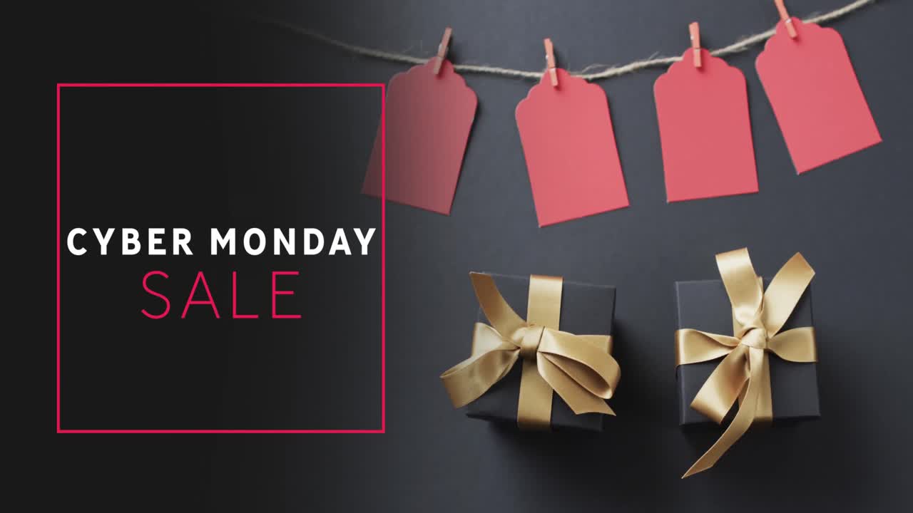 animazione del testo di vendita di cyber monday su etichette e scatole regalo