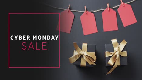 Animation-of-cyber-monday-sale-text-over-gift-tags-and-boxes