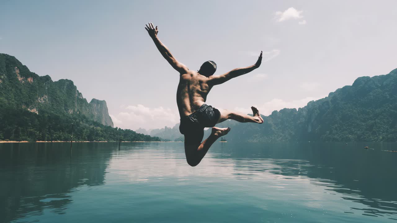 Aerial view of a man jumping into a serene lake surrounded by mountains, capturing the essence