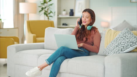 Girl,-phone-and-call-on-sofa-happy-talking