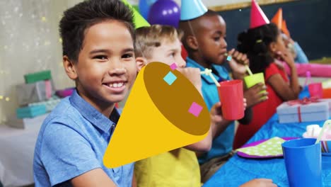 animación de cono con serpentinas de fiesta sobre niños que se divierten en la fiesta