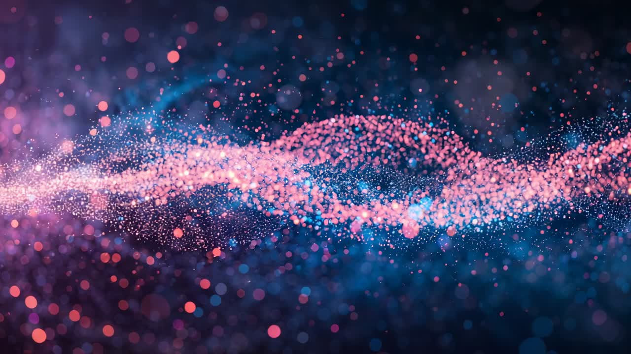 Drifting pink and blue dots clustering into glowing wave in virtual space, creating sinuous tunnel