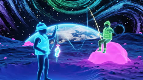 astronauts fishing on a planet