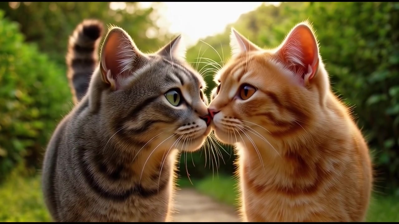 Due gatti che camminano insieme e si toccano il naso in un giardino.