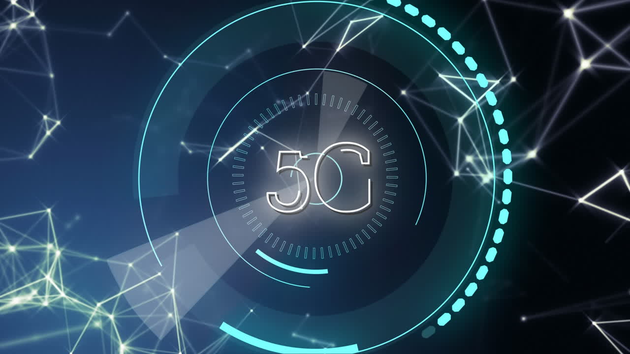 5g scritto nel mezzo di cerchi futuristici e linee asimmetriche