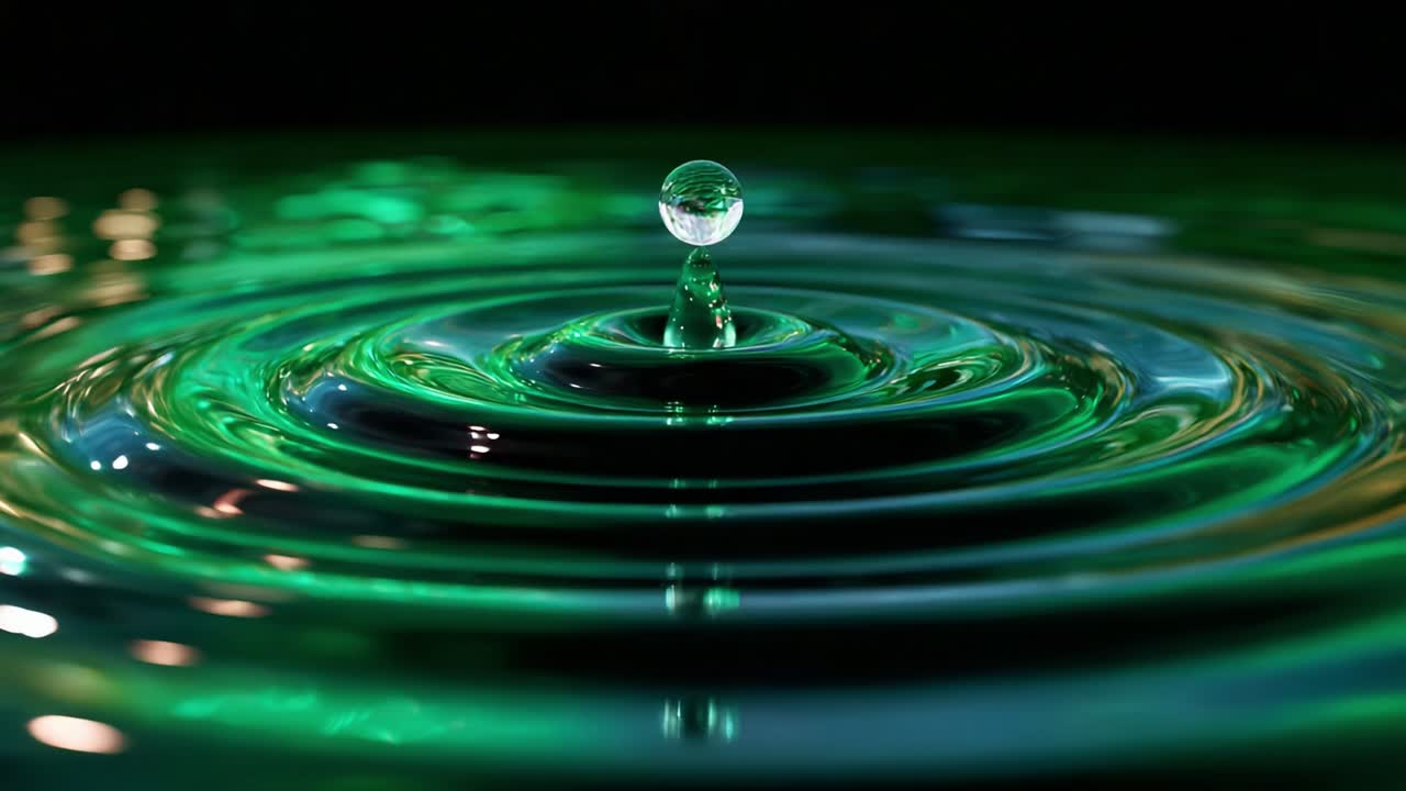 Captivating Water Ripples: A Magnificent Sequence of a Single Water Drop Creating Expanding Circular Patterns in Vibrant Green Hues, Showcasing the Beauty and Tranquility of Nature's Fluid Dynamics