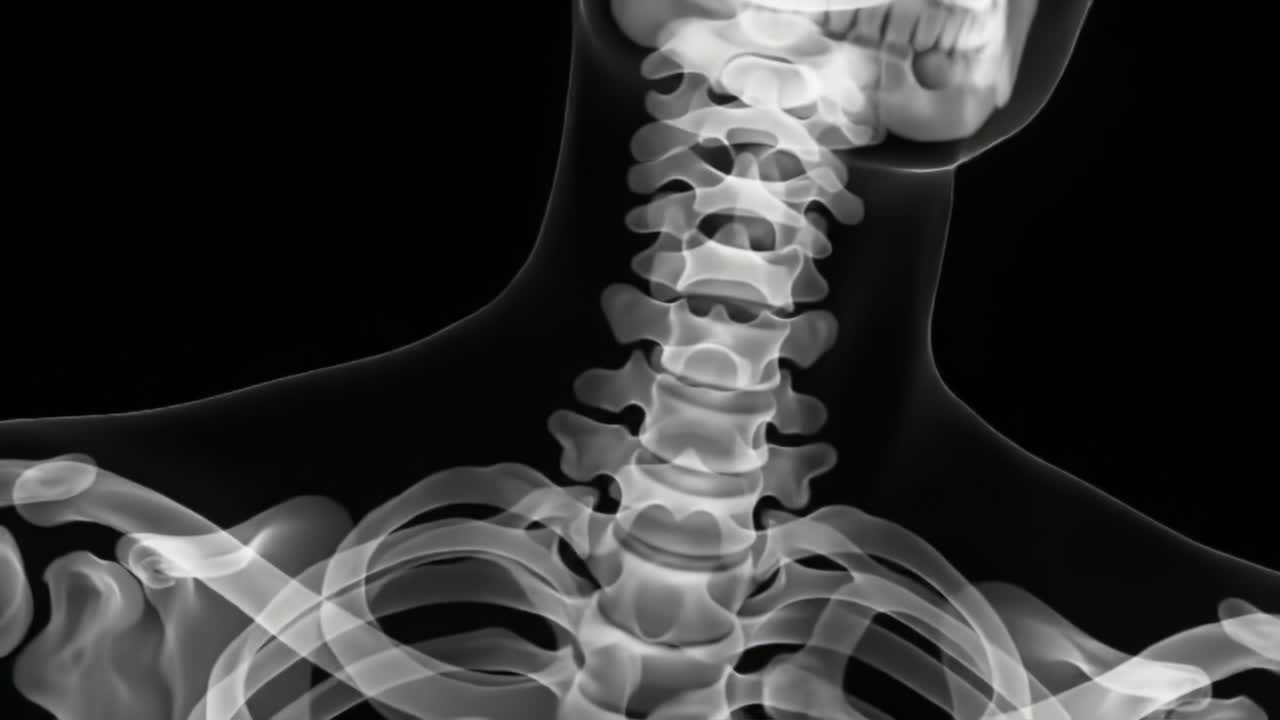 An x-ray reveals the intricate structure of the cervical spine and surrounding upper body area.