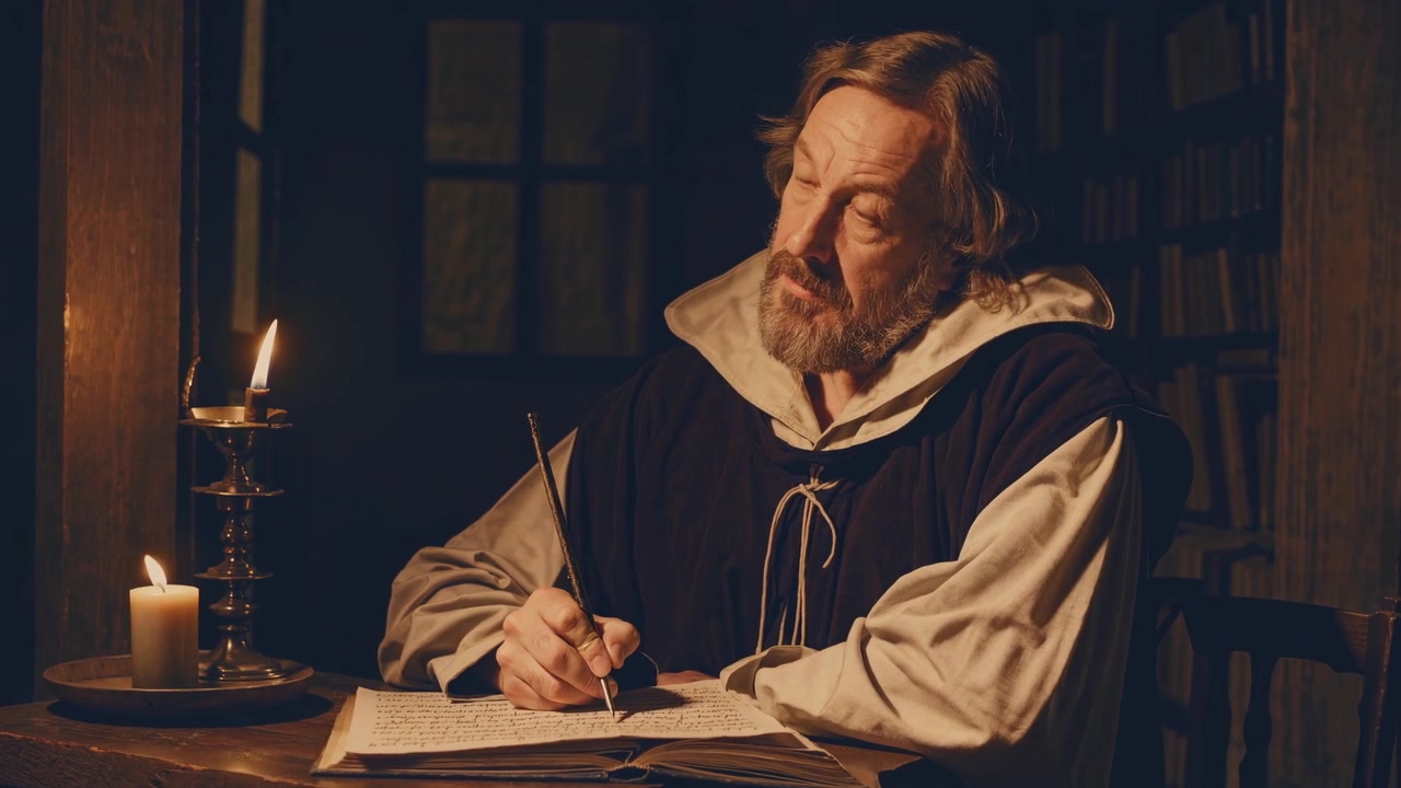 Elderly Scholar Writing by Candlelight in an Ancient Library