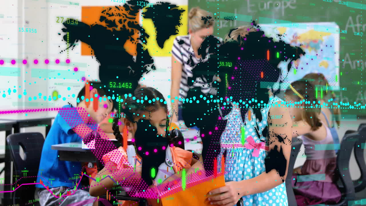 Children reading books with world map and data processing animation overlay